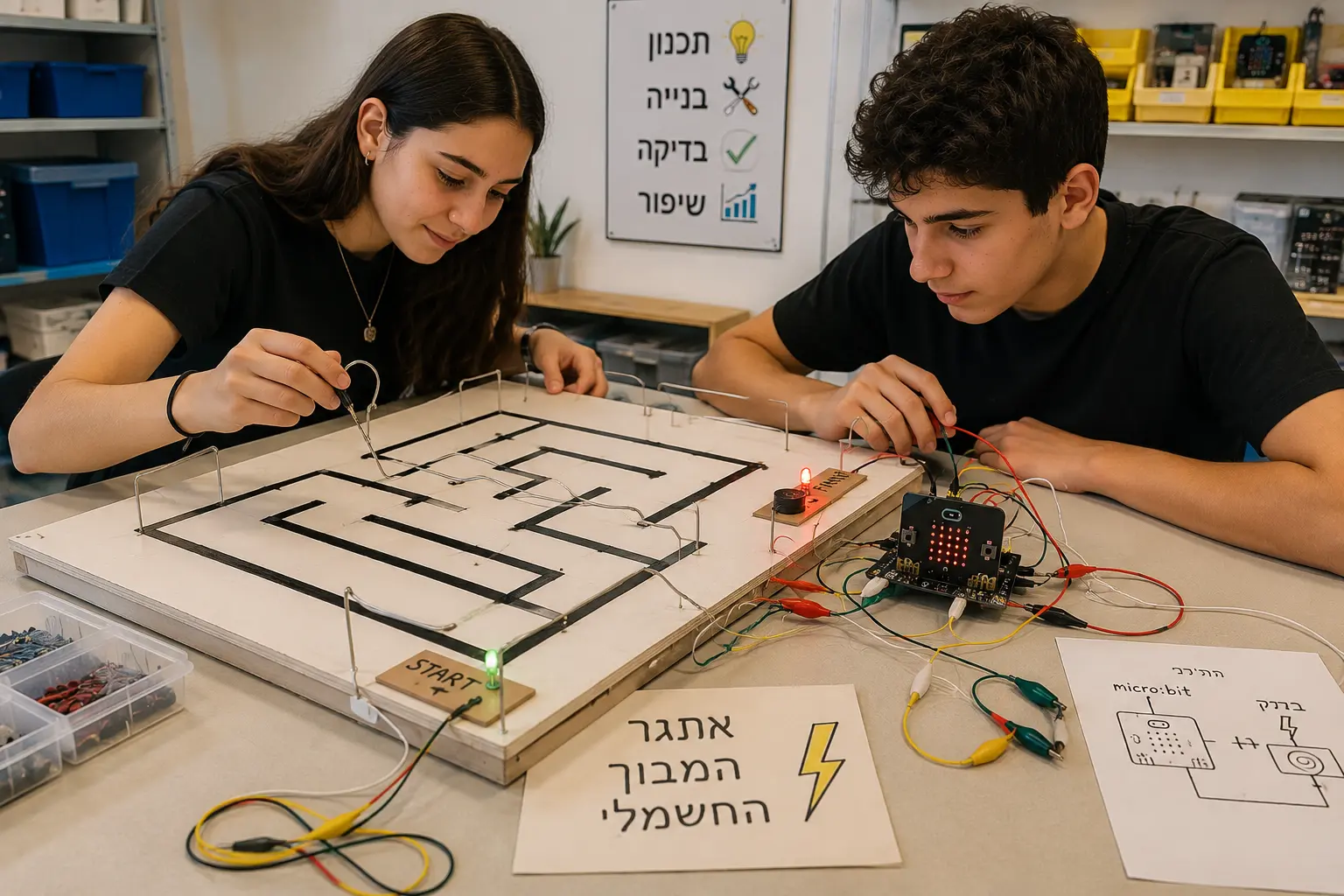 שני תלמידים בונים מבוך חשמלי עם חוטים, נורית ו־Micro:bit