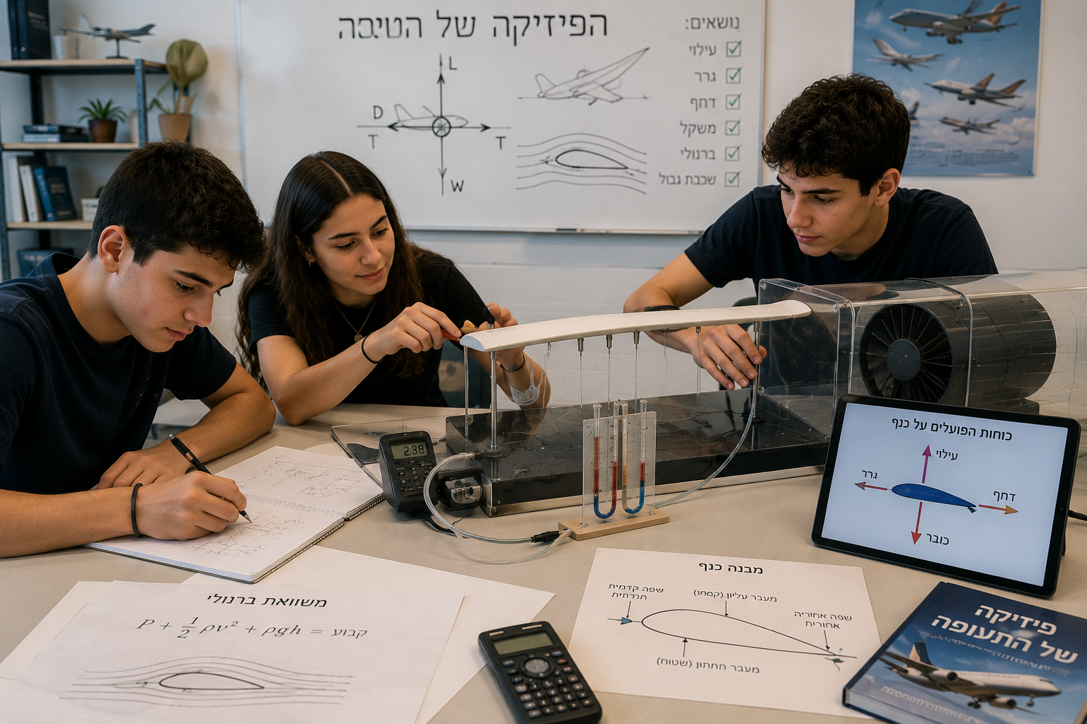 איור של מטוס והכוחות הפועלים עליו בטיסה